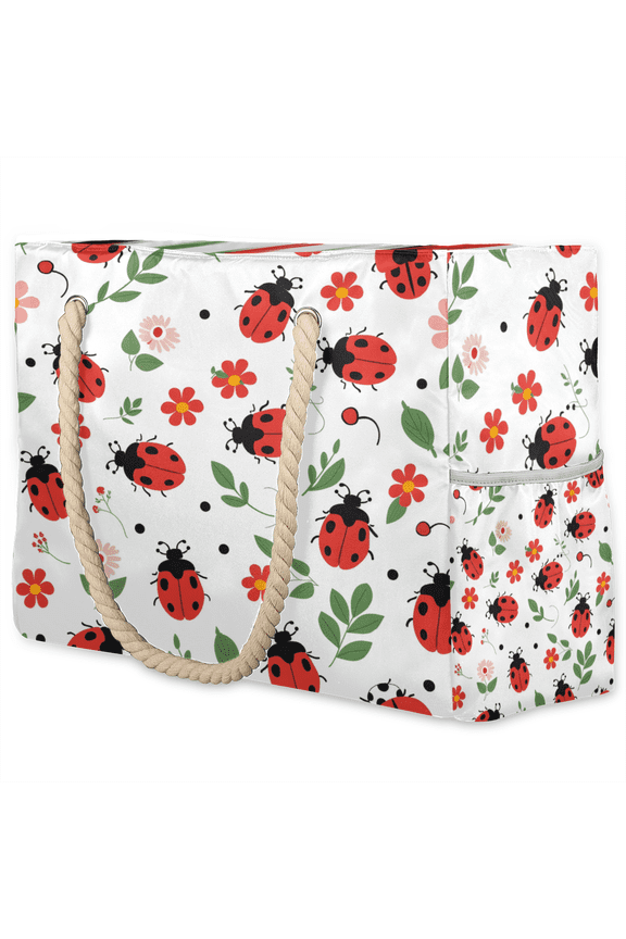 Cute Ladybugs Tote Beach Bag for Women Ladies Large Zipper Beach Bags Waterproof Sandproof Sports Gym Swim Pool Travel Bag