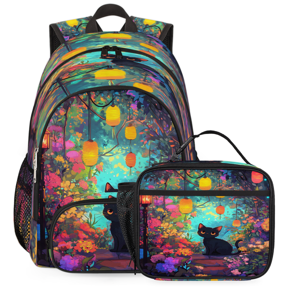 Herdesigns Cute Large Backpack Set with Lunch Box Lightweight Water Resistant Travel Laptop Backpacks Casual Daypacks for Women Men, Cat