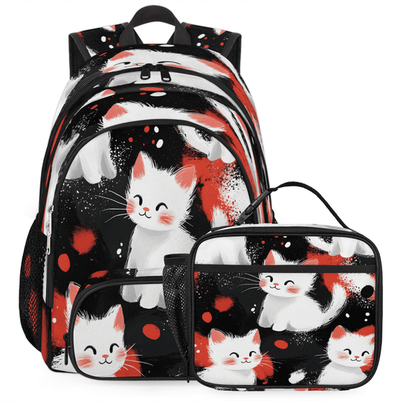 Herdesigns Cute Large Backpack Set with Lunch Box Lightweight Water Resistant Travel Laptop Backpacks Casual Daypacks for Women Men, Cat