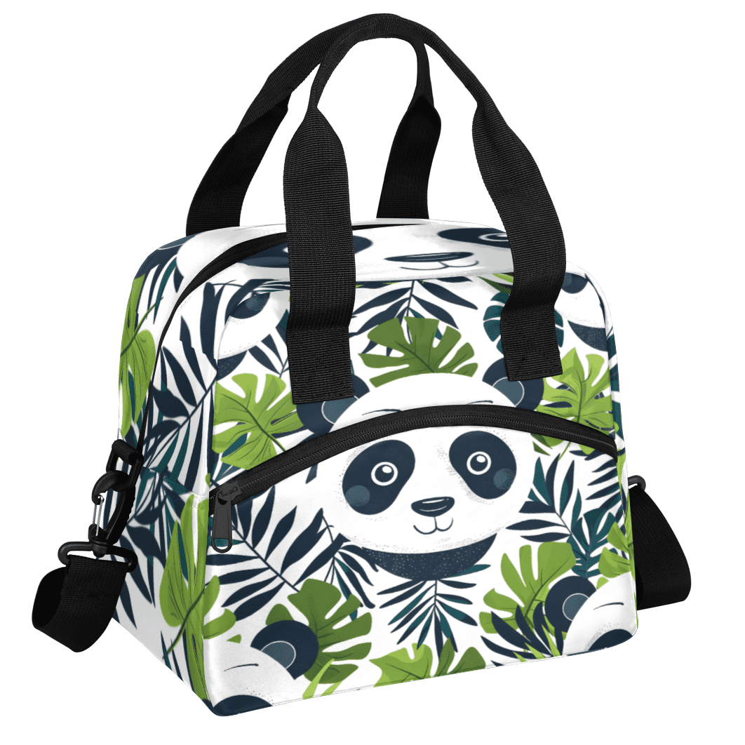 Herdesigns Cute Panda Insulated Lunch Bag for Women Men Adults Large Reusable Lunch Box Green Leaves Leakproof Cooler Tote Bags with Adjustable Shoulder Strap