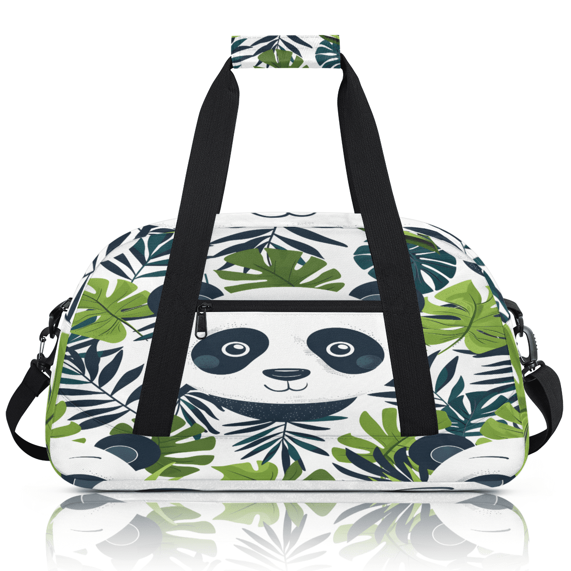 Herdesigns Cute Panda Sports Duffle Bag for Women & Men, Green Leaves Gym Bag Dance Bag Overnight Bag Carry On Weekender Travel Bag