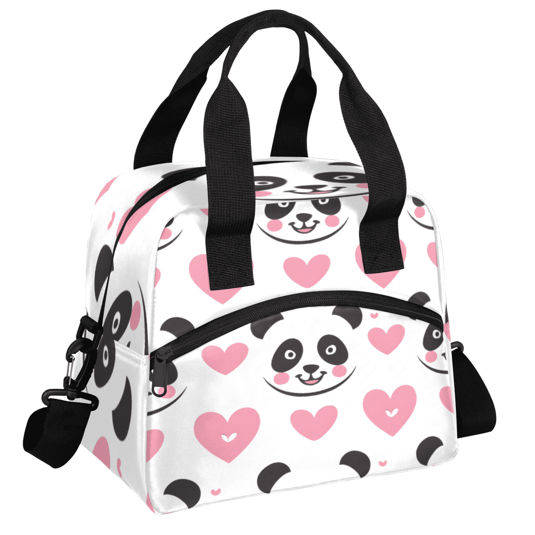 Herdesigns Cute Pandas Insulated Lunch Bag for Women Men Adults Large Reusable Lunch Box Pink Heart Leakproof Cooler Tote Bags with Adjustable Shoulder Strap