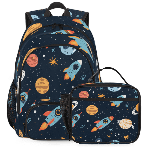 Herdesigns Cute Planet Backpack with Lunch Box Universe Galaxy Space Lightweight Large Travel Work Laptop Backpacks Set Casual Daypacks