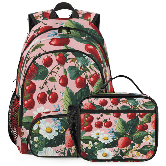 Herdesigns Cute Strawberry Backpack with Lunch Box Strawberry Floral Lightweight Large Travel Work Laptop Backpacks Set Casual Daypacks