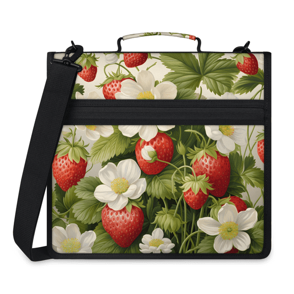 Herdesigns Cute Strawberry Fruit Zipper Binder 1.5 Inch 3 D-Rings with Shoulder Strap & Handle, Waterproof Flower Binder Organizer Bag for 13 Inch Laptop