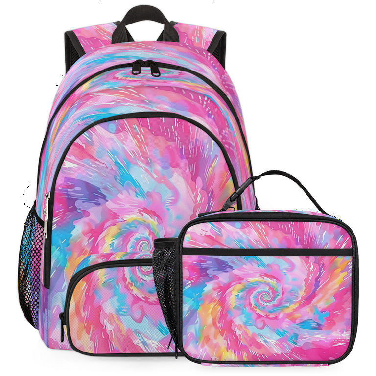Herdesigns Cute Tie Dye Colorful Rainbow Large Backpack Set with
