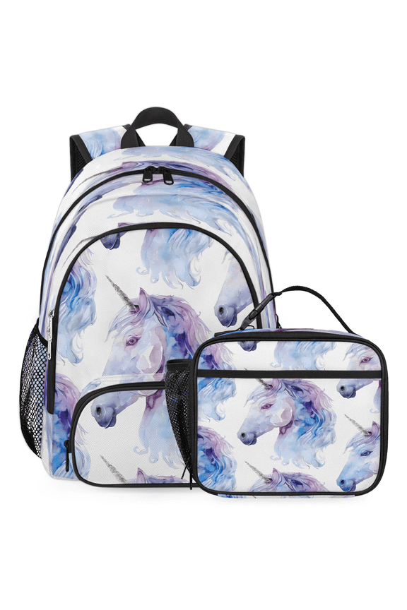 Cute Unicorn Horse Large Backpack Set with Lunch Box Lightweight Water Resistant Travel Laptop Backpacks Casual Daypacks for Women Men