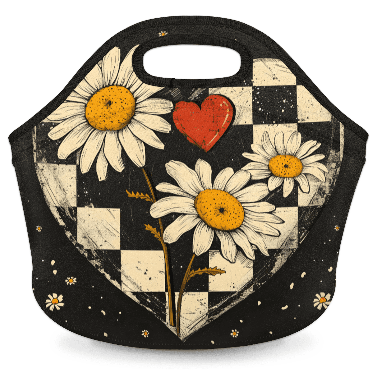 Herdesigns Daisy Floral Neoprene Lunch Bag, Modern Insulated Lunch Box for Women Men Washable Lunch Tote Soft Lunch Container With Zipper for Work Picnic Travel