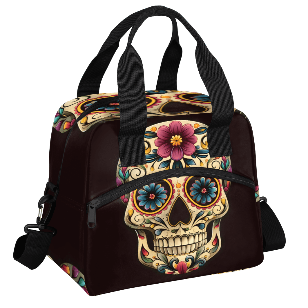 Herdesigns Day The Dead Skull Halloween Insulated Lunch Bag for Women Men Adults Large Reusable Lunch Box Leakproof Portable Cooler Tote Bags with Adjustable Shoulder Strap