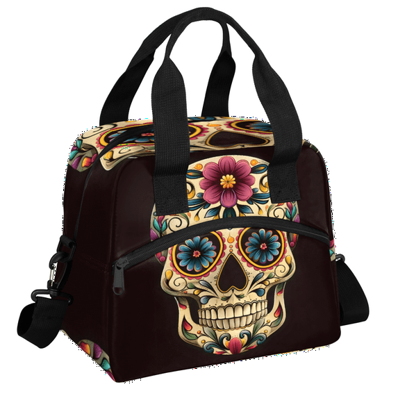Herdesigns Day The Dead Skull Halloween Insulated Lunch Bag for Women Men Adults Large Reusable Lunch Box Leakproof Portable Cooler Tote Bags with Adjustable Shoulder Strap