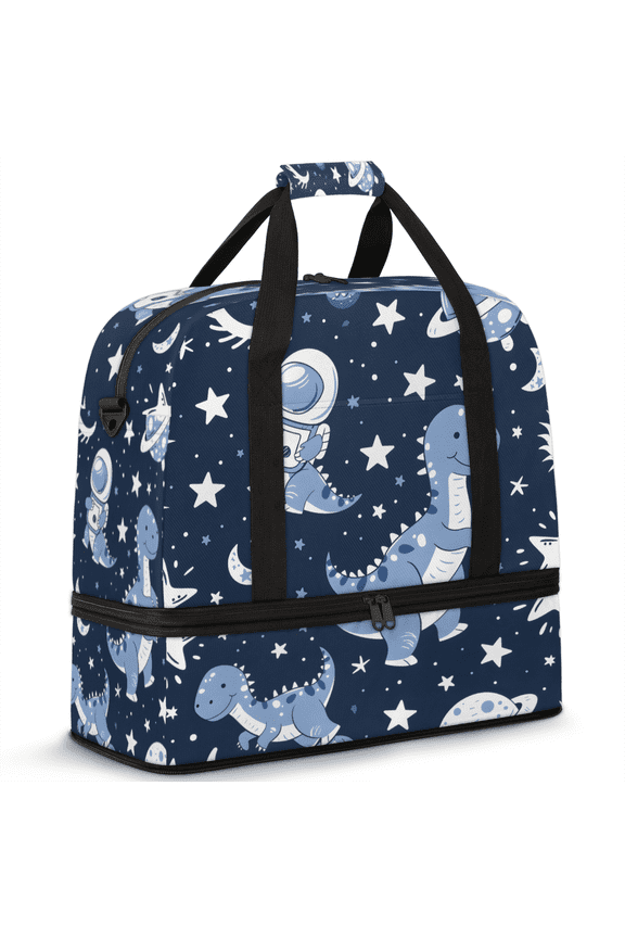 Dinosaur Foldable Travel Duffle Bag for Women and Men Lightweight Carry On Overnight Bag Blue Dino Gym Luggage Weekender Bags with Shoe Compartment