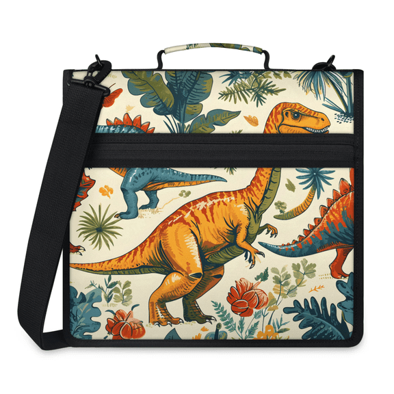 Herdesigns Dinosaur Zipper Binder 1.5 Inch 3 D-Rings with Shoulder Strap & Handle, Waterproof Animals Binder Organizer Bag for 13 Inch Laptop