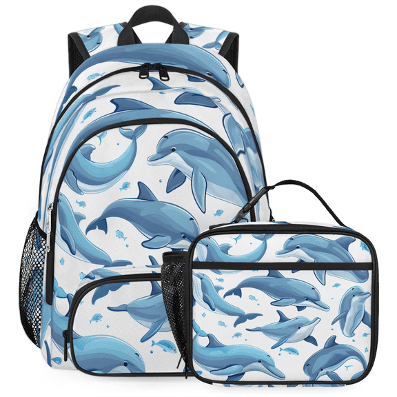 Herdesigns Dolphin Backpack with Lunch Box Animal Fish Lightweight Large Travel Work Laptop Backpacks Set Casual Daypacks