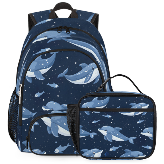 Herdesigns Dolphin Backpack with Lunch Box Wildlife Ocean Cute Animals Lightweight Large Travel Work Laptop Backpacks Set Casual Daypacks