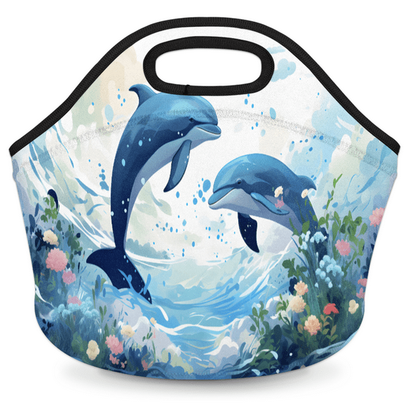Herdesigns Dolphin Neoprene Lunch Bag, Sea Animals Insulated Lunch Box for Women Men Washable Lunch Tote Soft Lunch Container With Zipper for Work Picnic Travel