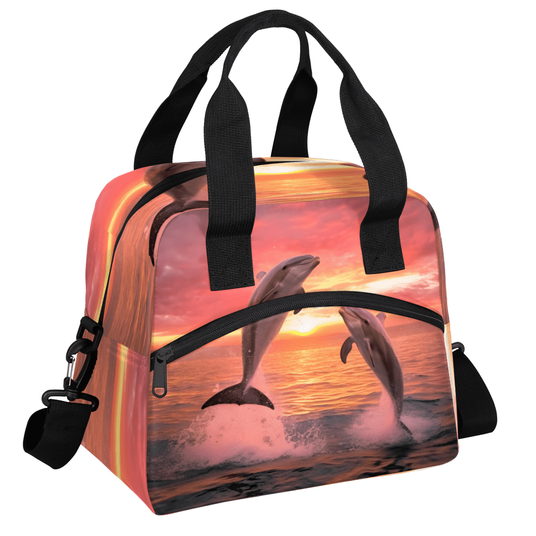 Herdesigns Dolphin Themed Insulated Lunch Bag for Women Men Adults Large Reusable Lunch Box Sea Dolphin Leakproof Cooler Tote Bags with Adjustable Shoulder Strap