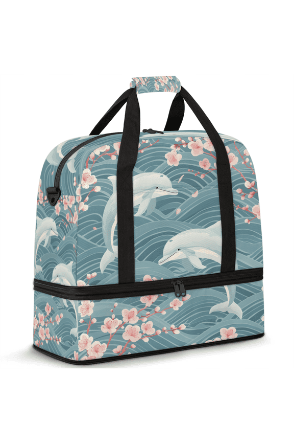 Dolphin Travel Duffel Bag with Shoe Compartment Ocean Fish Waves Large Foldable Waterproof Weekend Overnight Bag for Beach Swim Pool Bags Sports Gym