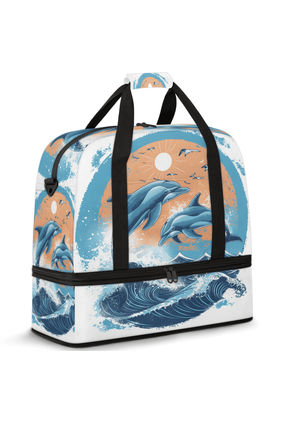 Dolphin Travel Duffel Bag with Shoe Compartment Sea Animals Blue Ocean Large Foldable Waterproof Weekend Overnight Bag for Beach Swim Pool Bags Sports Gym