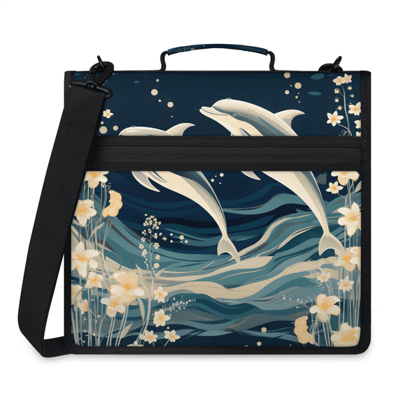 Herdesigns Dolphin Zipper Binder 1.5 Inch 3 D-Rings with Shoulder Strap & Handle, Waterproof Sea Ocean Theme Binder Organizer Bag for 13 Inch Laptop