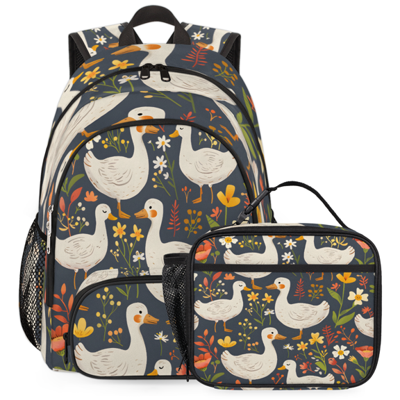 Herdesigns Ducks Flower Backpack with Lunch Box Duck Cartoon Lightweight Large Travel Work Laptop Backpacks Set Casual Daypacks