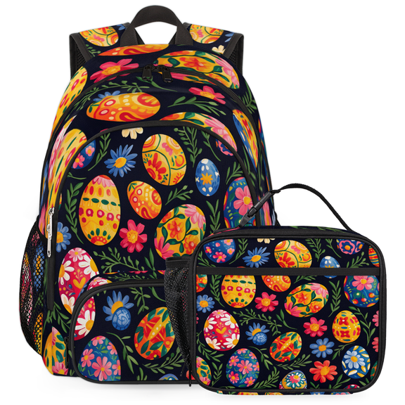 Herdesigns Easter Egg Backpack with Lunch Box Flower Floral Colorful Lightweight Large Travel Work Laptop Backpacks Set Casual Daypacks