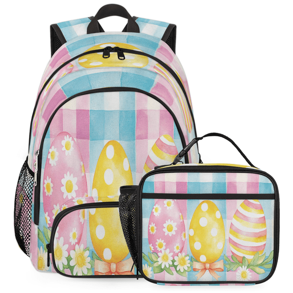 Herdesigns Easter Eggs Large Backpack Set with Lunch Box Lightweight Water Resistant Travel Laptop Backpacks Casual Daypacks for Women Men, Cute