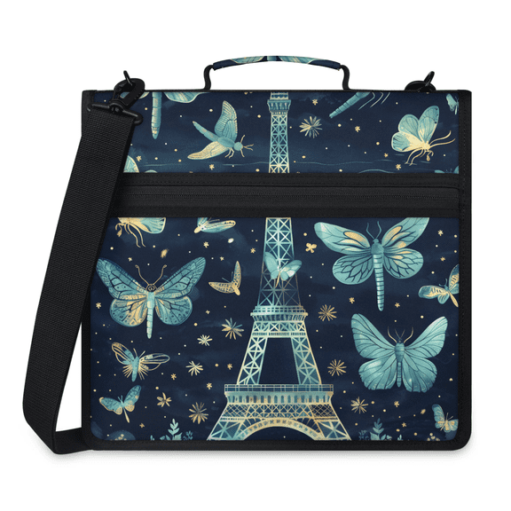 Herdesigns Eiffel Tower Zipper Binder 1.5 Inch 3 D-Rings with Shoulder Strap & Handle, Waterproof Butterfly Binder Organizer Bag for 13 Inch Laptop