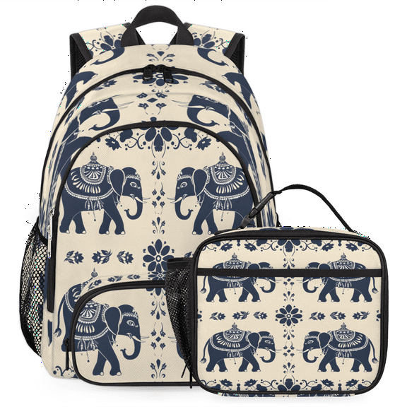 Herdesigns Elephant Backpack with Lunch Box Animal Print Lightweight Large Travel Work Laptop Backpacks Set Casual Daypacks