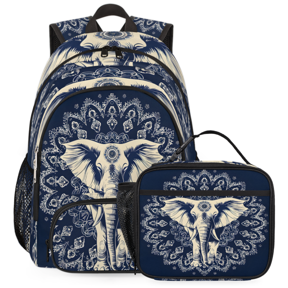 Herdesigns Elephant Backpack with Lunch Box Boho Lightweight Large Travel Work Laptop Backpacks Set Casual Daypacks