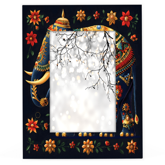 Herdesigns Elephant Bohemian Floral 5x7 Picture Frame, Wood Photo Frame for Living Room Bedroom, Vertical & Horizontal Display