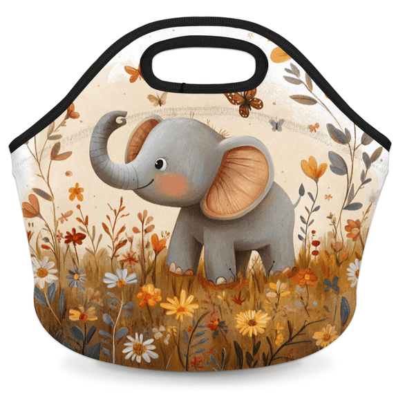 Herdesigns Elephant Insulated Lunch Bag Neoprene Lunch Box for Women Men Soft Cooler Bag Elephant Washable Lunch Tote for Work Outdoor Picnic