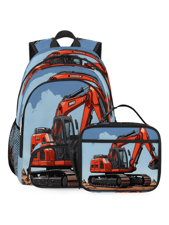Engineering Car Large Backpack Set with Lunch Box Lightweight Water Resistant Travel Laptop Backpacks Casual Daypacks for Women Men