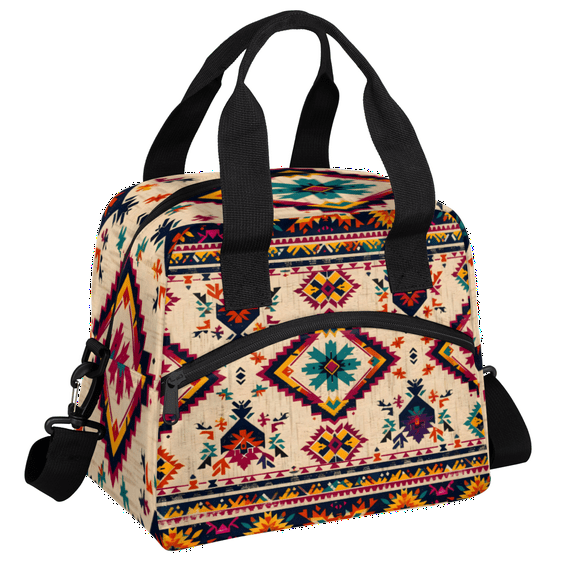 Herdesigns Ethnic Southwest Geometric Stripes Insulated Lunch Bag for Women Men Adults Large Reusable Lunch Box Leakproof Portable Cooler Tote Bags with Adjustable Shoulder Strap