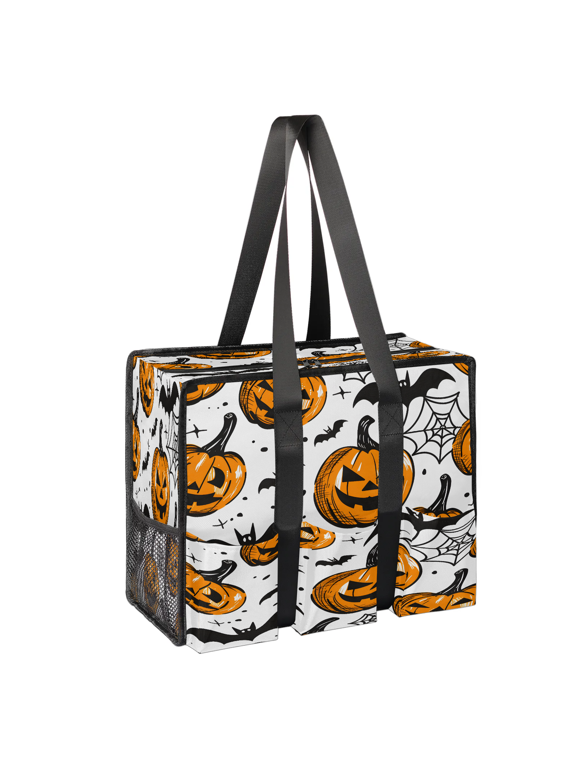 Evil Pumpkin Large Tote Bag for Women with Zipper, Halloween Bat Waterproof Handbag Shoulder Bag for Teacher Nurse Work Shopping Travel Beach