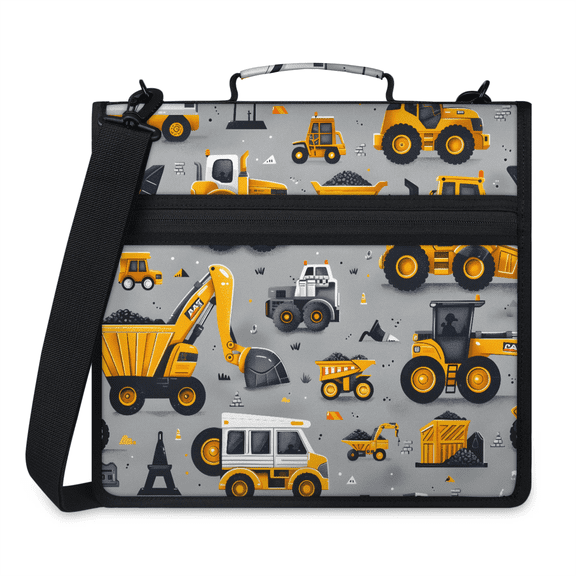 Herdesigns Excavator Zipper Binder 1.5 Inch 3 D-Rings with Shoulder Strap & Handle, Waterproof Tractor Trucks Binder Organizer Bag for 13 Inch Laptop