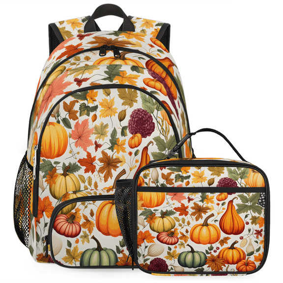 Herdesigns Fall Backpack with Lunch Box Thanksgiving Autumn Pumpkin Leaf Lightweight Large Travel Work Laptop Backpacks Set Casual Daypacks