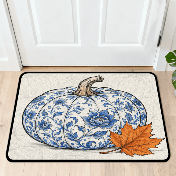 Herdesigns Fall Pumpkin Chinoiserie Front Door Mat, Absorbent Muddy Dirt Resist Doormat for Outdoor Indoor, Non-Slip Doormat for Entryway, 16" x 24"