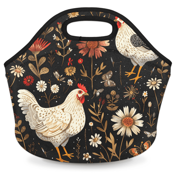 Herdesigns Farmhouse Floral Chicken Insulated Neoprene Lunch Bag for Women Men Lunch Box Washable Reusable Lunch Tote Lightweight Lunch Handbag for Work Outdoor Picnic