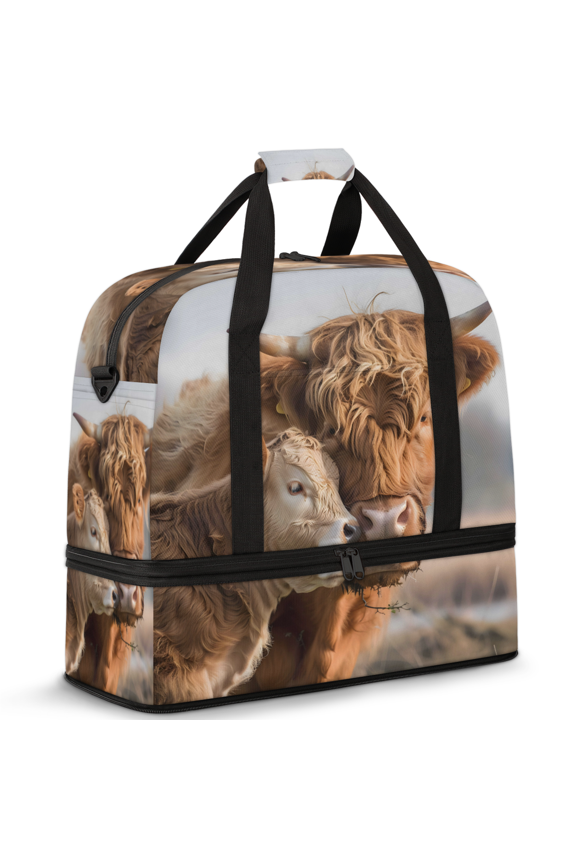 Farmhouse Highland Cow Foldable Travel Duffel Bag with Shoe Compartment, Weekend Overnight Carry On Bags for Men Women, Large Sports Gym Luggage