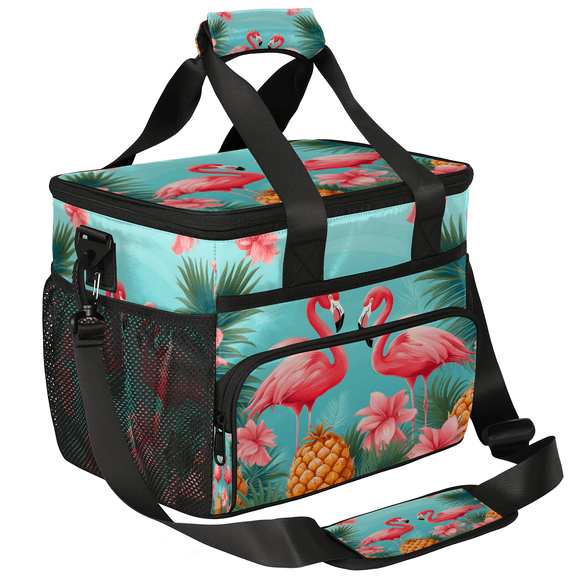 Herdesigns Flamingo Tropical Leaves Large Lunch Box for Adults Women Men with Adjustable Shoulder Strap, Insulated Reusable Lunch Bag Leakproof Cooler Tote Bag
