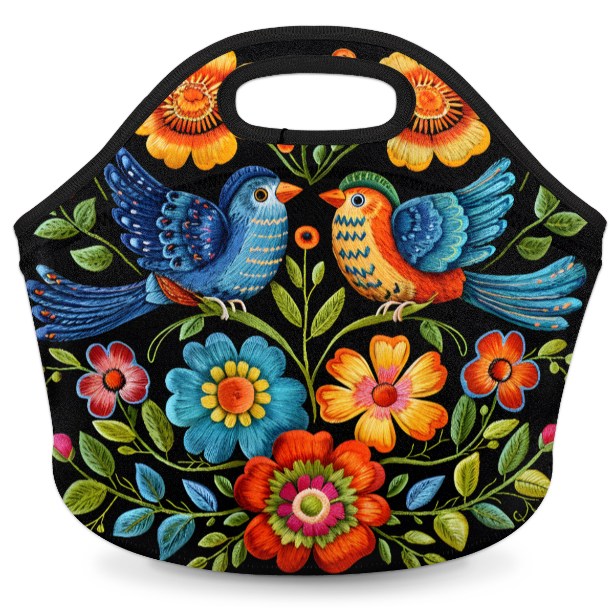 Herdesigns Floral Bird Neoprene Lunch Bag, Vintage Boho Floral Insulated Lunch Box for Women Men Washable Lunch Tote Soft Lunch Container With Zipper for Work Picnic Travel