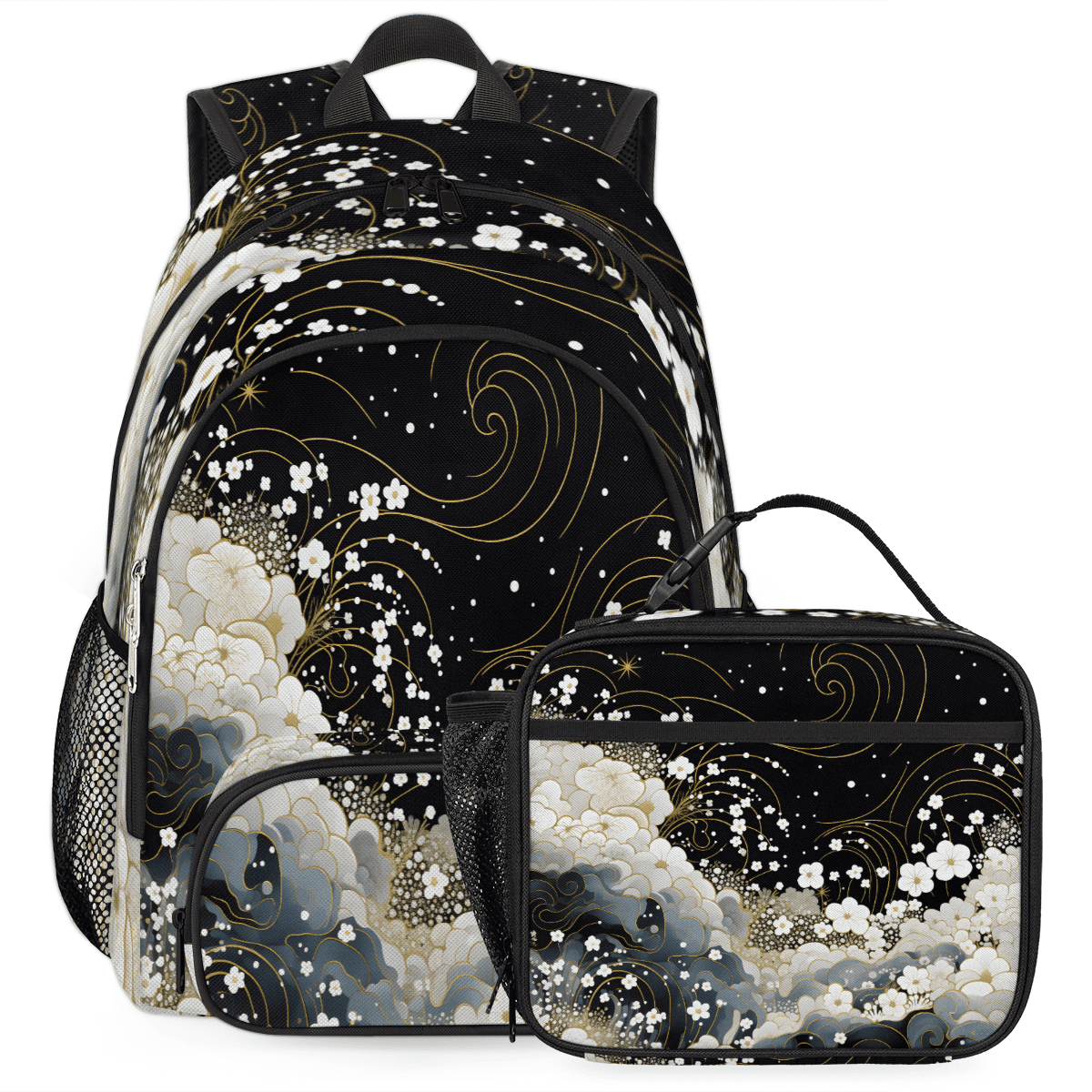 Herdesigns Floral Black White Backpack with Lunch Box Flowers ...