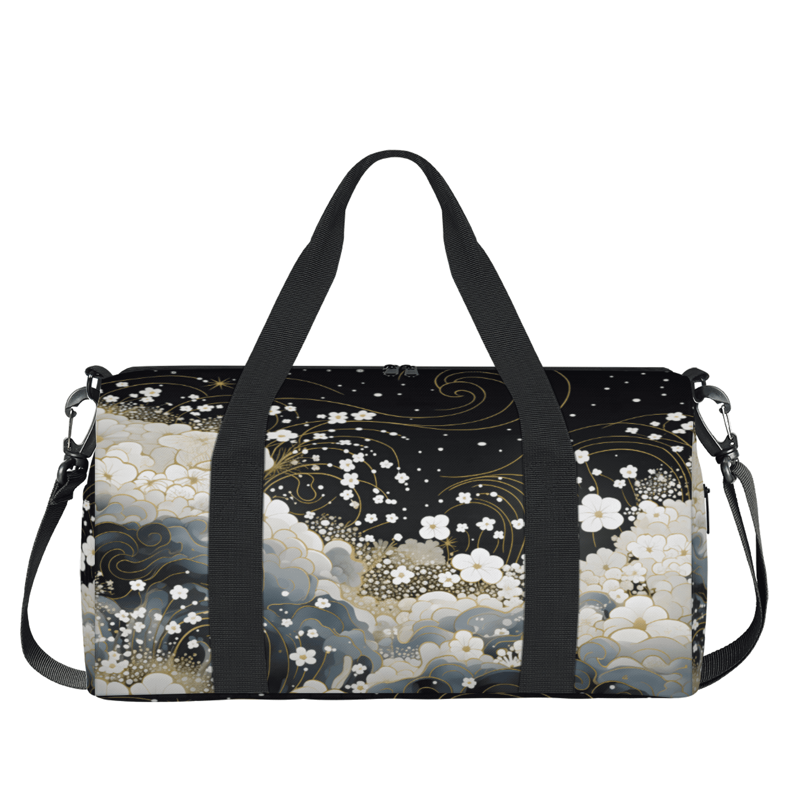 Herdesigns Floral Black White Gym Bag for Women, Duffle Bag for Travel Sport, Flowers Lightweight Waterproof Carry on Weekender Dance Yoga Workout Bags