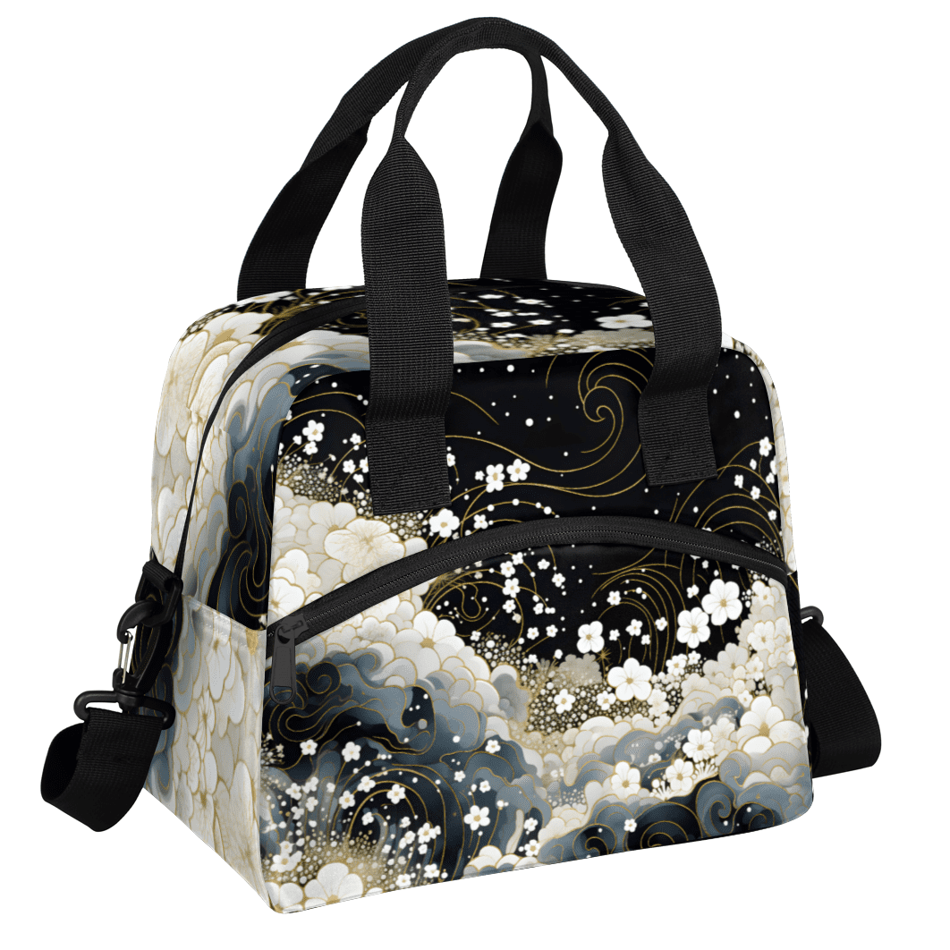 Herdesigns Floral Black White Insulated Lunch Bag for Women Men Adults Large Reusable Lunch Box Flowers Leakproof Cooler Tote Bags with Adjustable Shoulder Strap