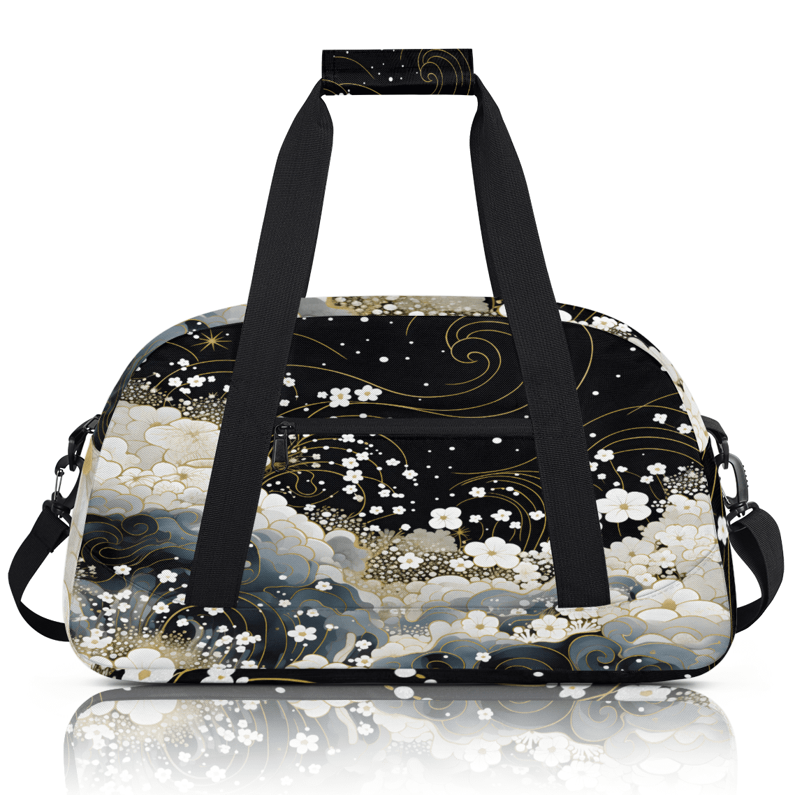 Herdesigns Floral Black White Sports Duffle Bag for Women & Men, Flowers Gym Bag Dance Bag Overnight Bag Carry On Weekender Travel Bag