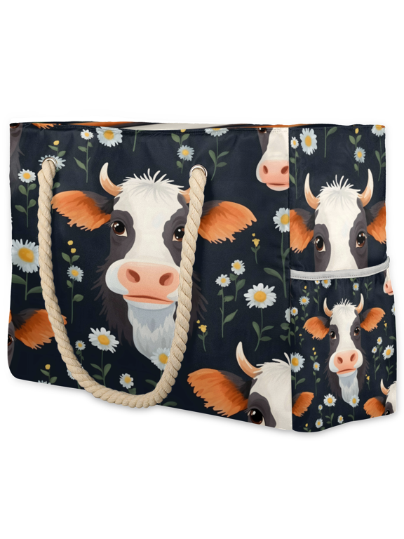 Floral Cow Tote Beach Bag for Women Ladies Large Zipper Beach Bags Waterproof Sandproof Sports Gym Swim Pool Travel Bag