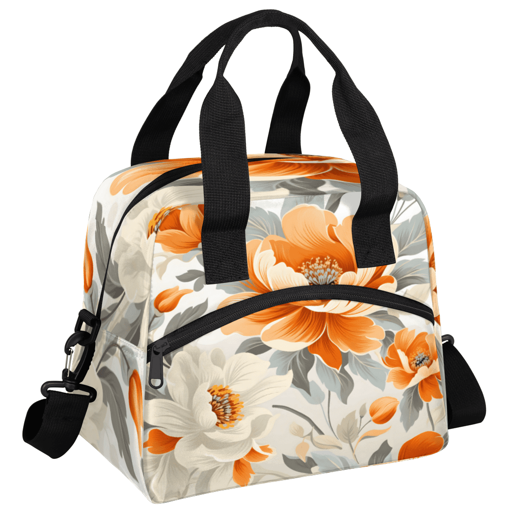 Herdesigns Floral Insulated Lunch Bag for Women Men Adults Large Reusable Lunch Box Orange White Flowers Leakproof Cooler Tote Bags with Adjustable Shoulder Strap