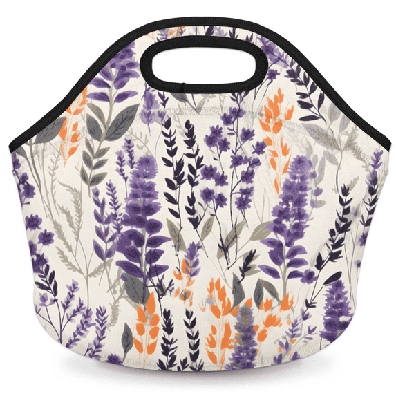 Herdesigns Floral Neoprene Lunch Bag, Lavender Insulated Lunch Box for Women Men Washable Lunch Tote Soft Lunch Container With Zipper for Work Picnic Travel