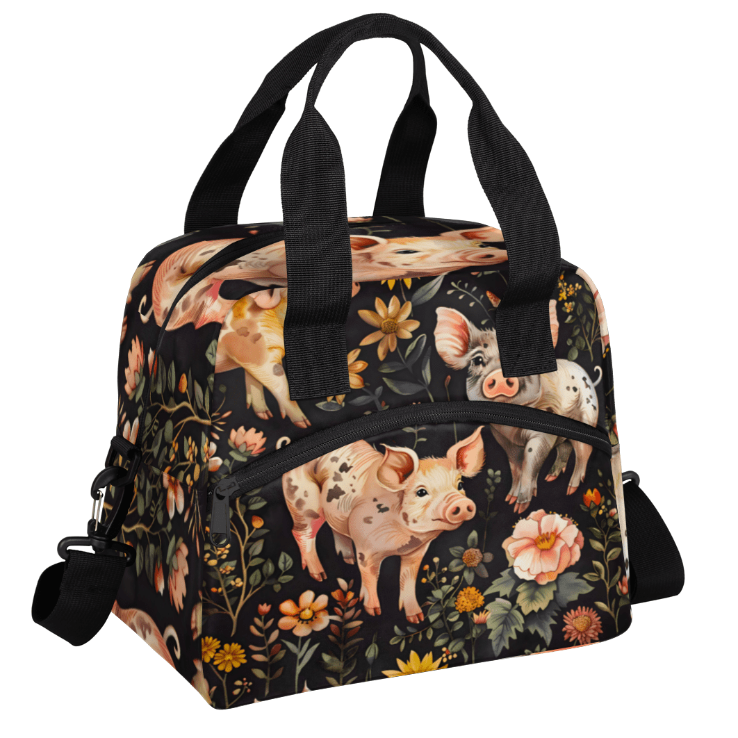 Herdesigns Floral Pig Animal Insulated Lunch Bag for Women Men Adults Large Reusable Lunch Box Leakproof Portable Cooler Tote Bags with Adjustable Shoulder Strap