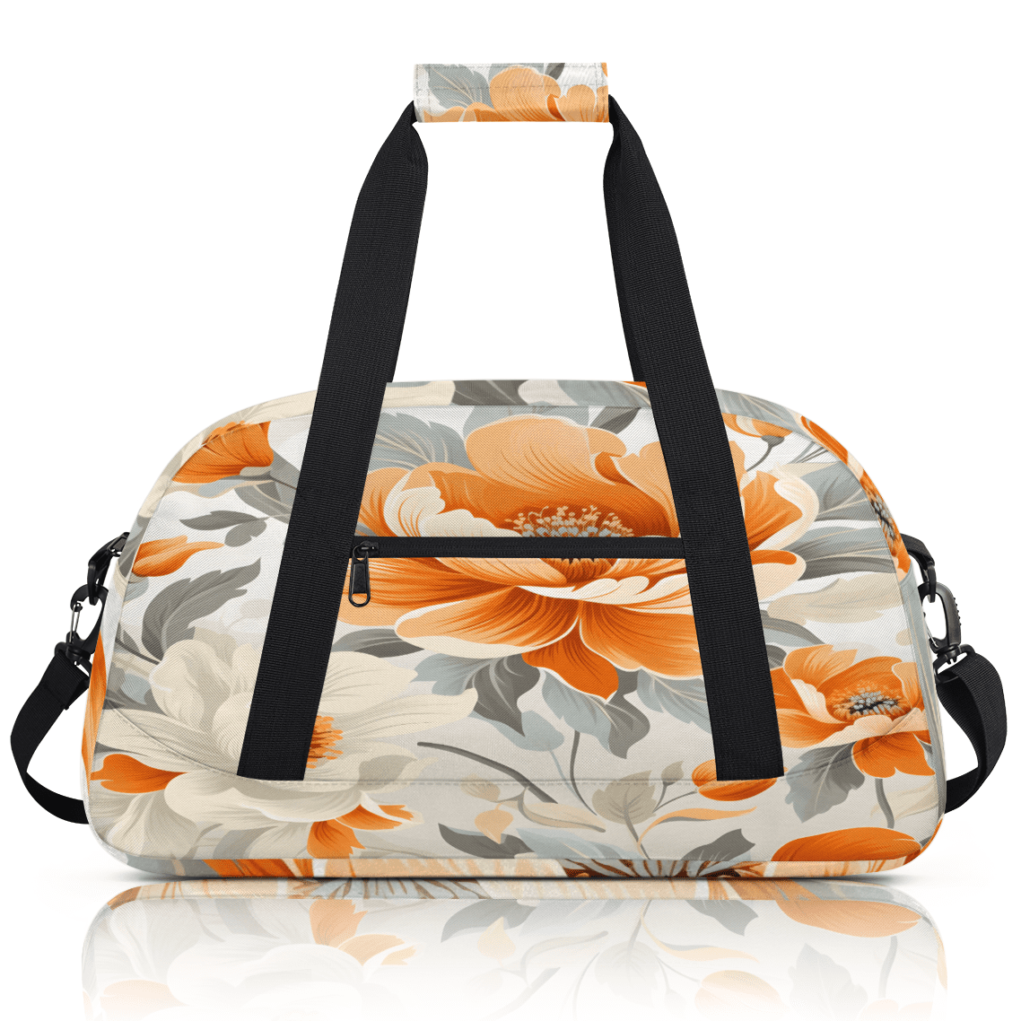 Herdesigns Floral Sports Duffle Bag for Women & Men, Orange White Flowers Gym Bag Dance Bag Overnight Bag Carry On Weekender Travel Bag